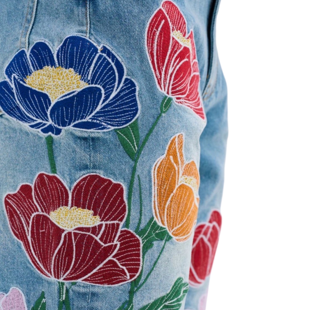 New! AKIRA Blue Jeans with Colorful Floral Embroidery - Picture 7 of 8